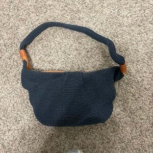 Navy Crochet Knit Hobo Bag Leather Trim Made in Italy Boho Fisherman Knit